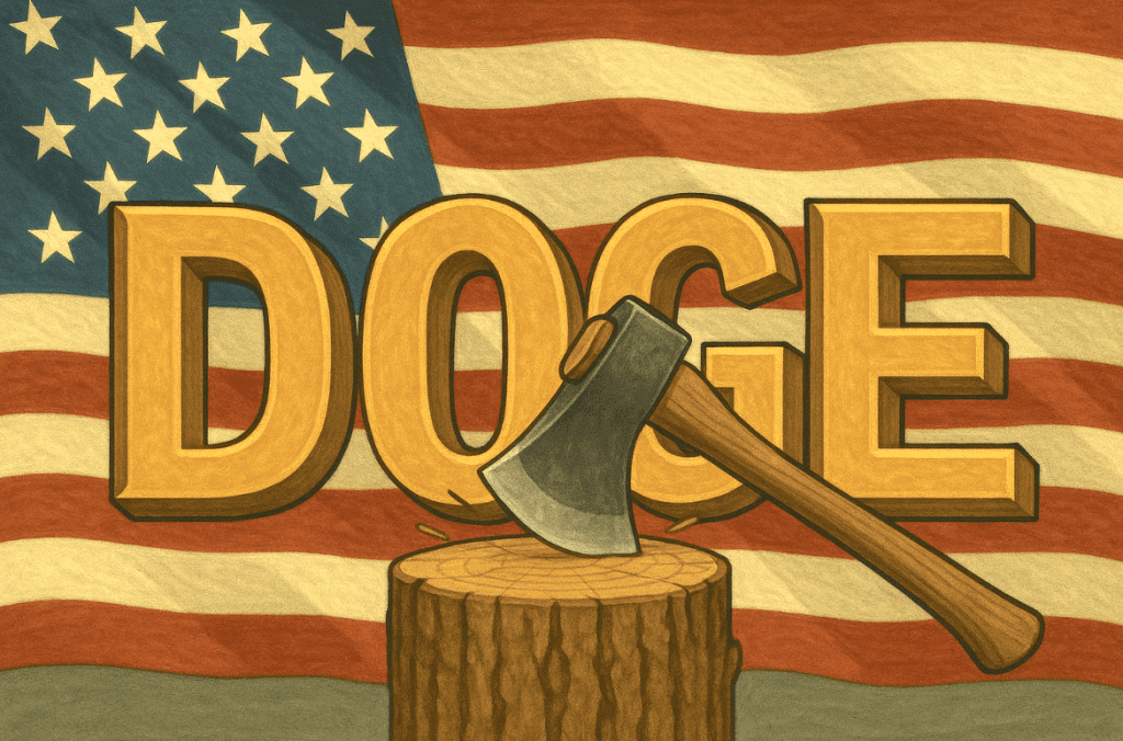 DOGEcuts-viaChatGPT image showing an ax in front of the word "DOGE" and a U.S. flag