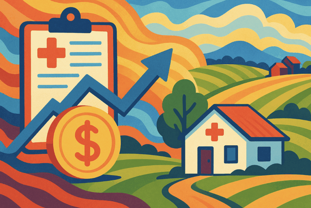 illustration depicting a rural scene with a small clinic and a dollar sign with an arrow graph pointing uo