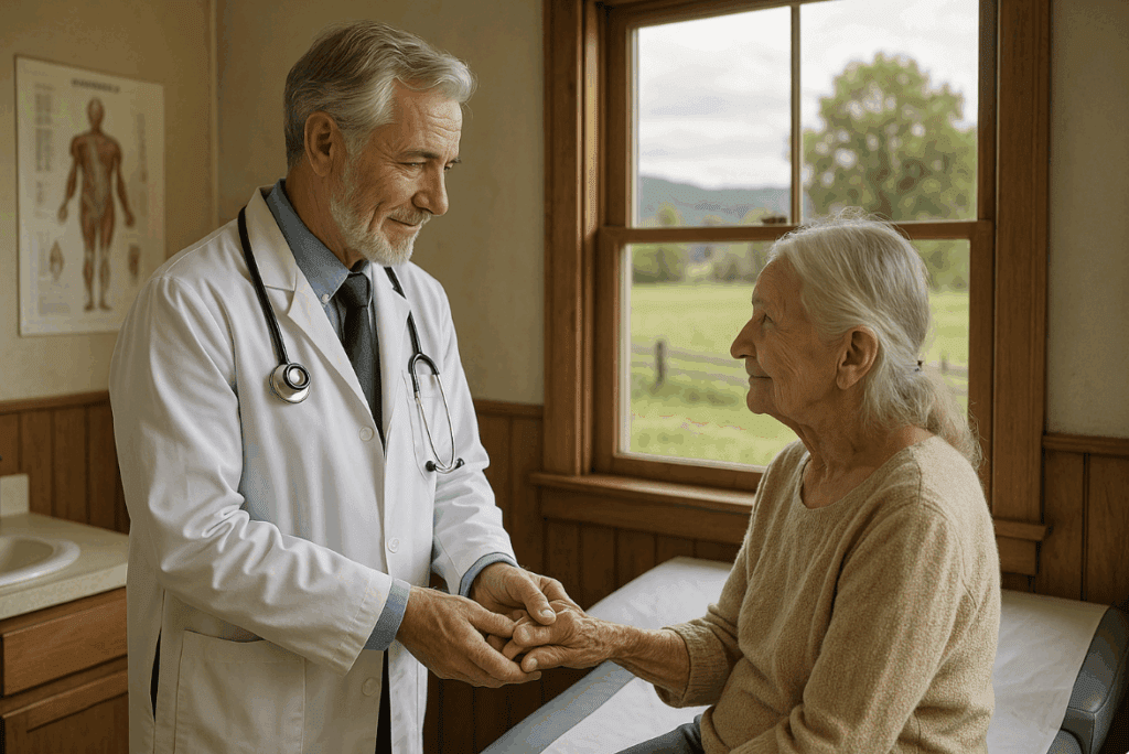 TG-blogpost-RuralDoctorsOffice Doctor in rural clinic comforting an elderly female patient