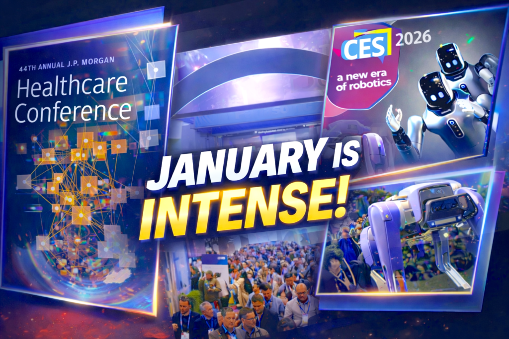 image showing scenes from CES and the home page of the JPM Healthcare Conference