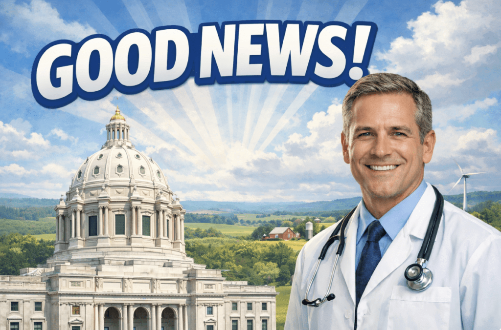 image showing MN state capital with rural scene in background and doctor in foreground smiling