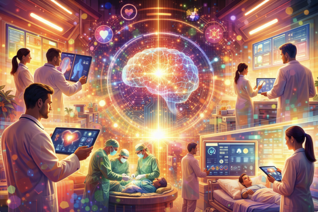 An AI-generated illustration depicting uses of AI in healthcare