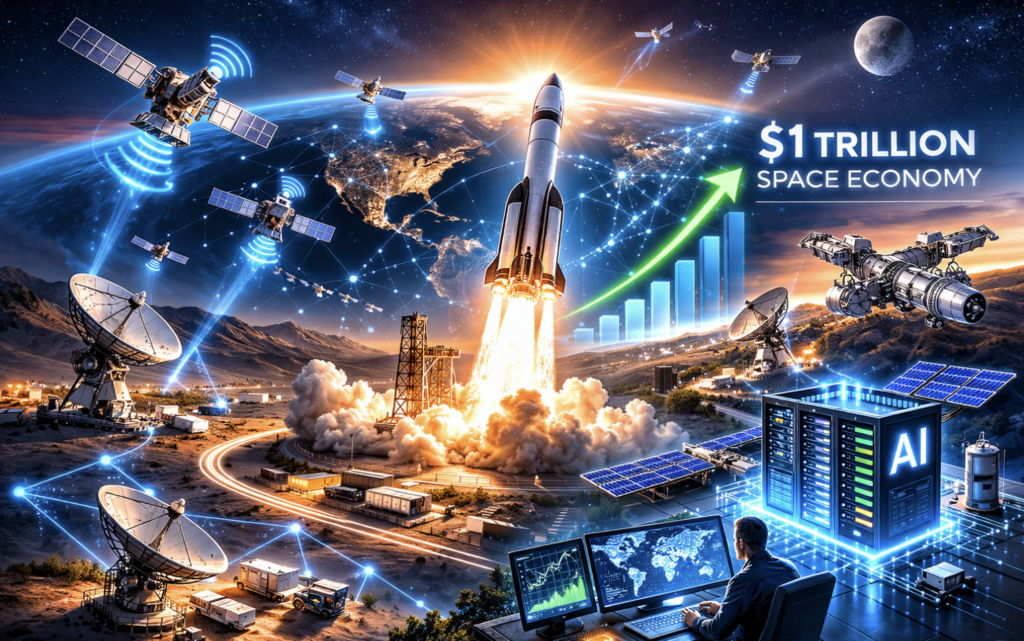 Illustration depicting a rocket launch and a growth chart with a headline of $1 trillion