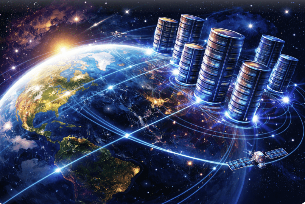 Illustration depicting a stylistic representation of data centers orbiting the Earth