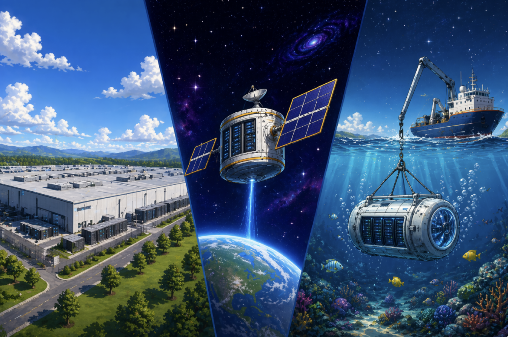 Illustration depicting the three types of data center: land-based, space, and marine.