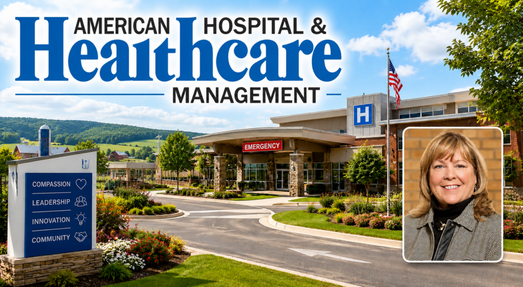 Image of rural hospital scene with logo off magazine and inset photo of Barb Stinnett