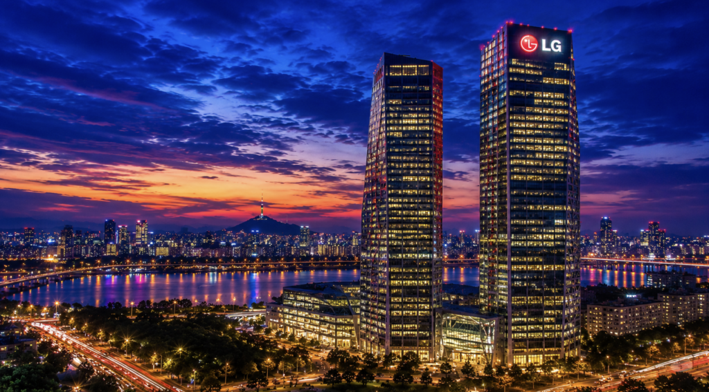 Photo of the skyline in Seoul Korea showing the LG Twin Towers at sunset