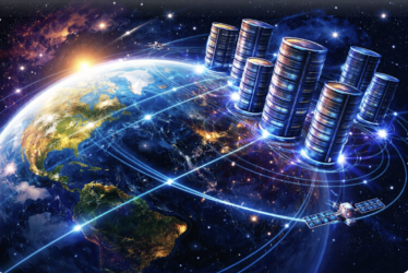 Illustration depicting a stylistic representation of data centers orbiting the Earth