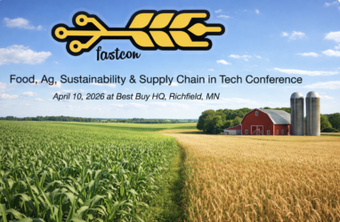 Conference logo, title, and dates on rural farm scene