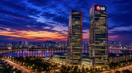 Photo of the skyline in Seoul Korea showing the LG Twin Towers at sunset
