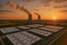 Aerial view of a large data center facility with nuclear reactor towers in the background