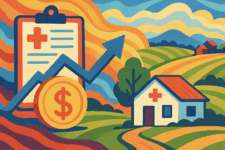 illustration depicting a rural scene with a small clinic and a dollar sign with an arrow graph pointing uo
