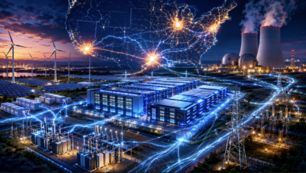 Image depicting data center power demand, with map of U.S. in background showing three hotspots, and nuclear reactors also in the background.